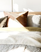 swath of sunlight shines across a well made bed and bedside table with a vase of cotton plants