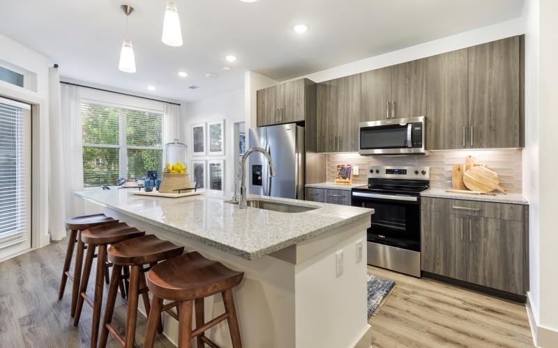 View of the kitchen with stainless steel appliances