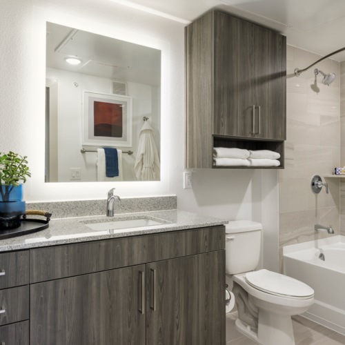 Bathroom with vanity and shower/tub combo
